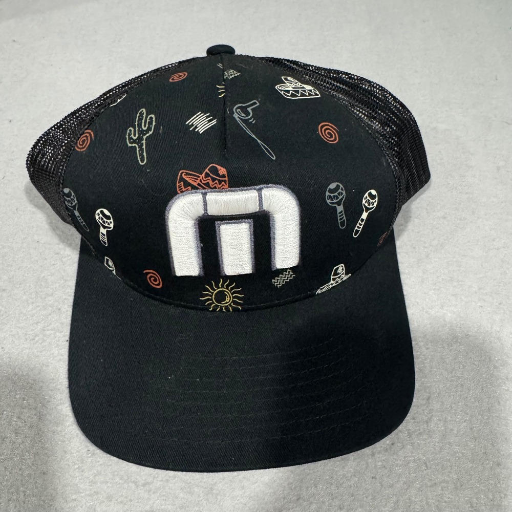 TravisMathew Trucker Hat Men Black Fiesta Maraca Cactus Print Snapback Cap